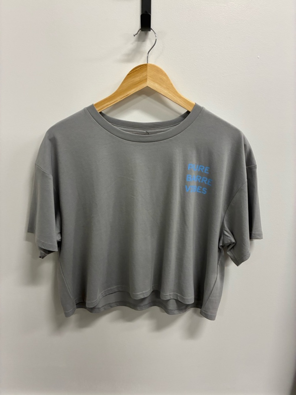 Pure Barre Gray Cropped Tee with Light Blue Logo